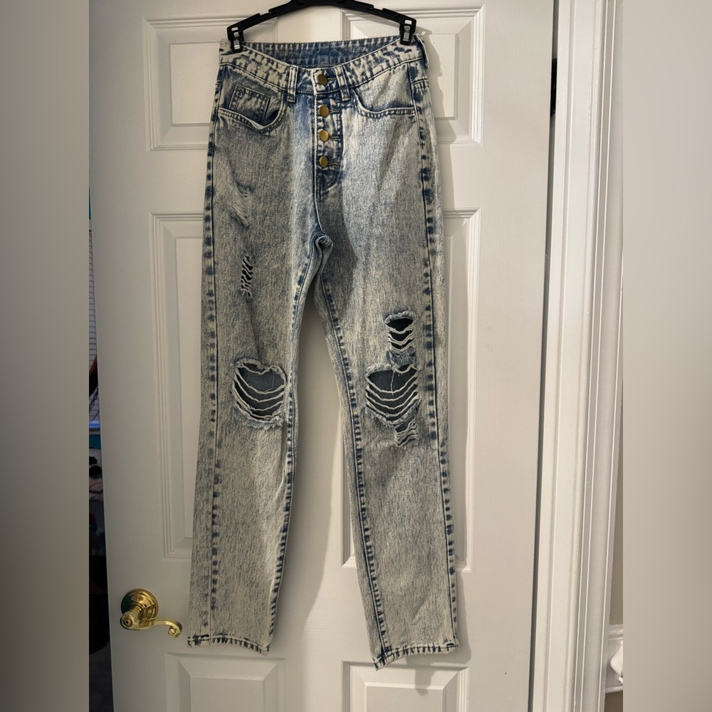 SHEIN High Rise Distressed Jeans - Blue